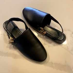 Givenchy Black Leather Slingback Loafers with Gold Chain Accent